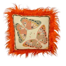 Vintage 70's Needlepoint Butterfly Pillow 13” Square Fur Trim