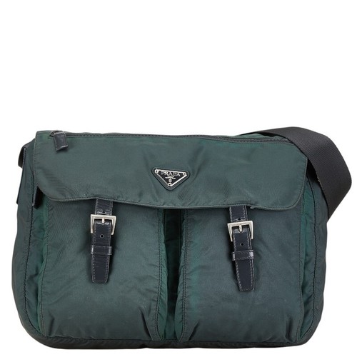 Sac à bandoulière Prada kaki vert ventes exceptionnelles nylon cuir triangle logo occasion 12 pouces