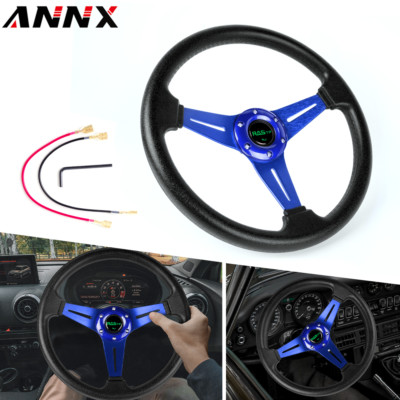 Racing Sport 13 Deep Dish Leather 6 Bolt Steering Wheel with Horn Button Blue