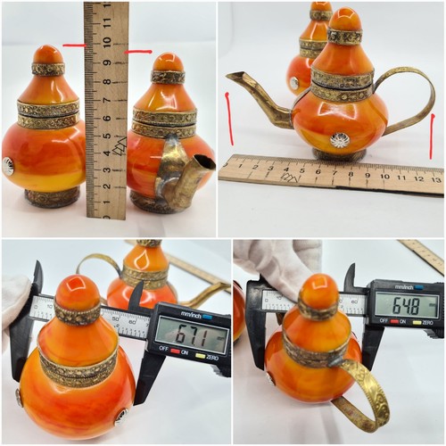 Rare Antique Small Kettle Teapot Jug with Lid Brass Orange Plastic Beautiful - Picture 9 of 11