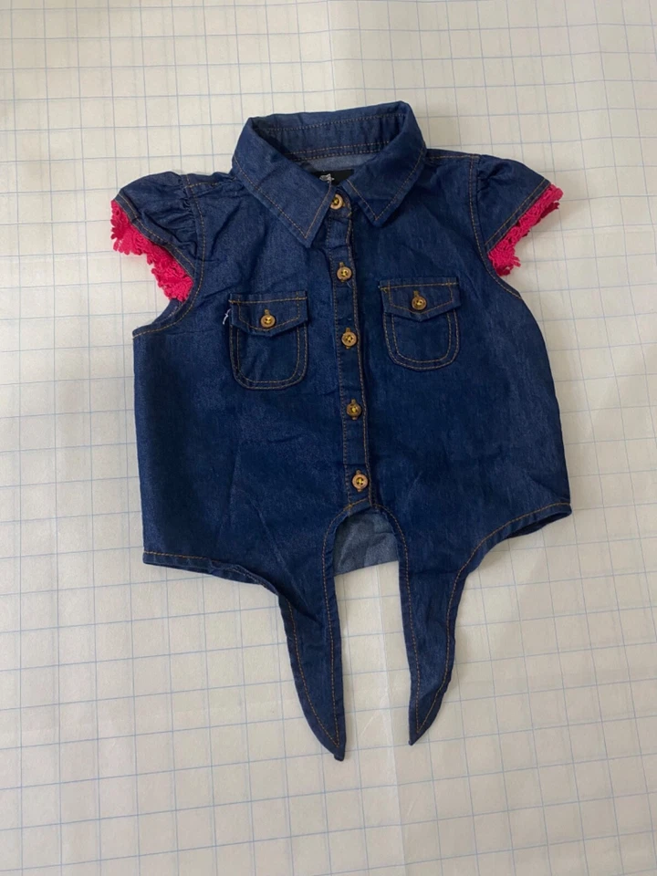 Girls Size 4 Denim Shirt Dollhouse Blue and Pink Sleeveless Tie Up Button-Down - Image 4 of 4