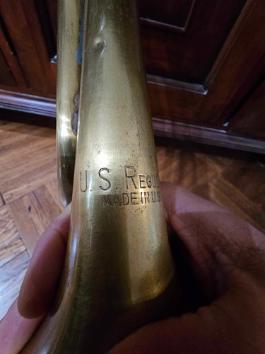 Vtg Brass U.S Regulation Bugle Horn Instrument w/ Mouthpiece Military 18"- A54 - Zdjęcie 7 z 10