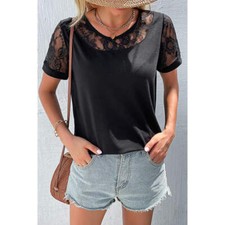 Spliced Lace Round Neck Short Sleeve Top