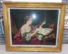 Large Beautiful Handmade WOMAN PLAYING GUITAR Needlepoint ART Ornate Gold Frame
