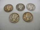 MERCURY DIMES LOT OF (5) 90% SILVER 1929, 1941-S, 1941-S, 1941, 1942-D