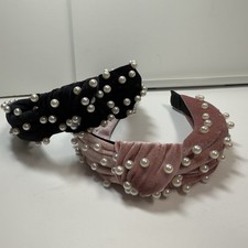 Velvet Top Knot Faux Pearl Embellished Headband Bundle Lot Of 2 Black Pink New