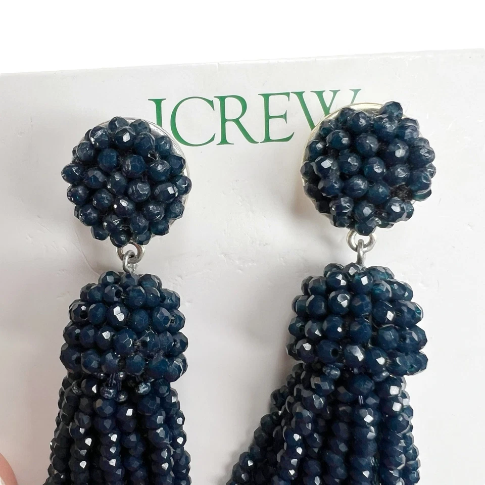 J Crew Navy Blue Faceted Mini Beaded Tassel Pierced Earrings 3” Long Glam Glitz - Image 4 of 4