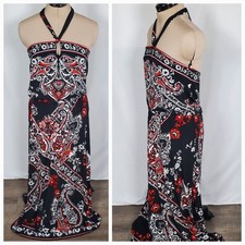 White House Black Market Women Maxi Dress Small Red Black Paisley Halter WHBM