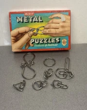Vintage 6 Merit Metal Brain Teaser Puzzles w/ Box Made In England