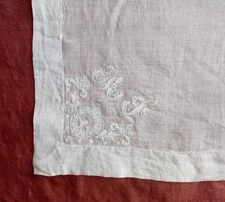antique lace, large fine embroidered linen handkerchief, monogrammed M F or M J