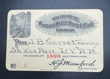 Rare 1898 Mauch Chunk Summit Hill & Switch Back Railroad Railway Pass RR