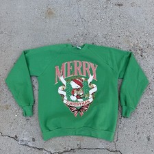 Vintage JERZEES Christmas Sweatshirt Sz XL Green 90s Teddy Bear Present USA Made