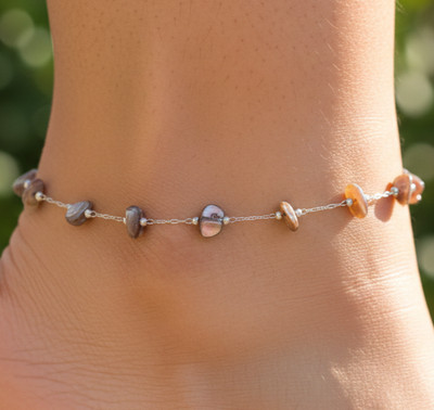 Boho Stone Beaded Anklet Silver Tone Minimalist Chain Anklet Handmade Design
