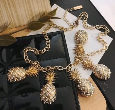 Designer BAUBLEBAR Gold Plated Chunky Rhinestone Pineapple Charms 17'' Necklace!