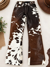 Women's Genuine Hair-On Cowhide Leather Pants Western Cowgirl Flared Trousers