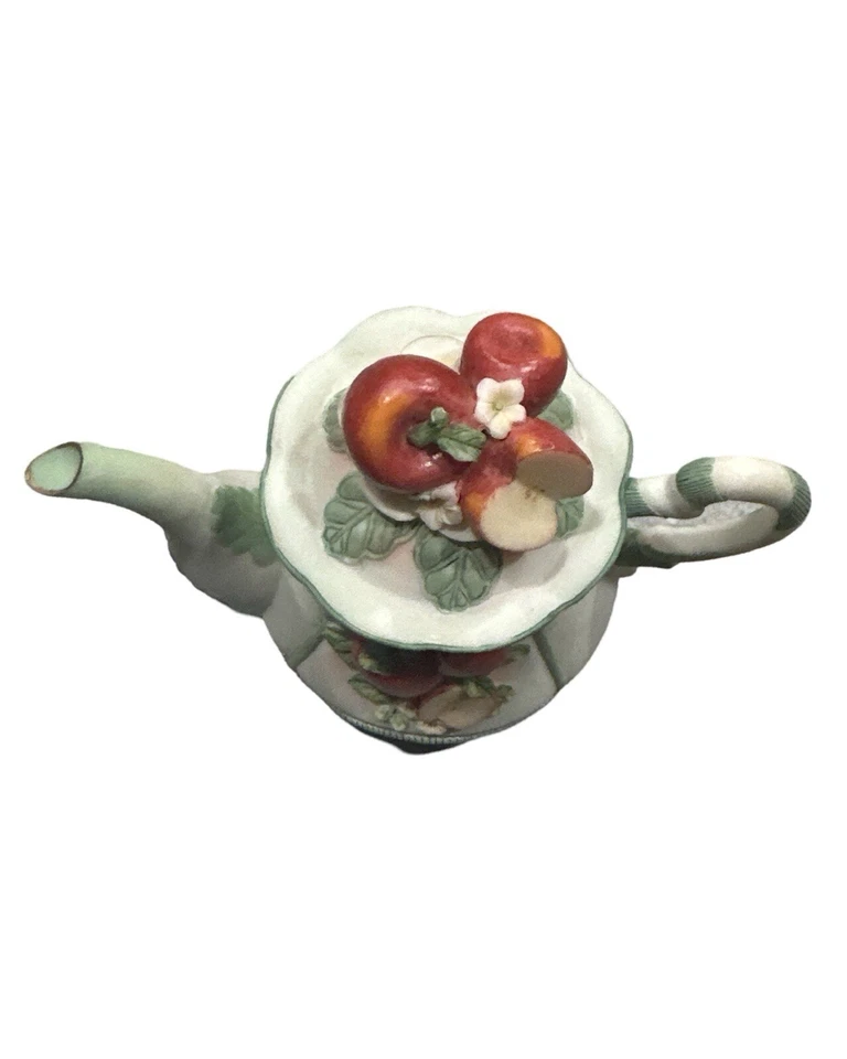 Vintage Rare Montefiori Porcelain Teapot Statue Green With Red Apples - Image 2 of 3