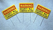 3 WARNING SECURITY CAMERAS IN USE Coroplast YARD SIGNS 8x12 w/ Stakes Security Y