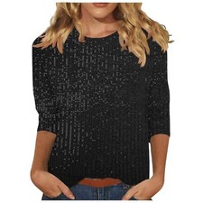 Ladies Shiny Glitter Sequins Tops Party 3/4 Sleeve Blouse Summer Tee Shirts Vest