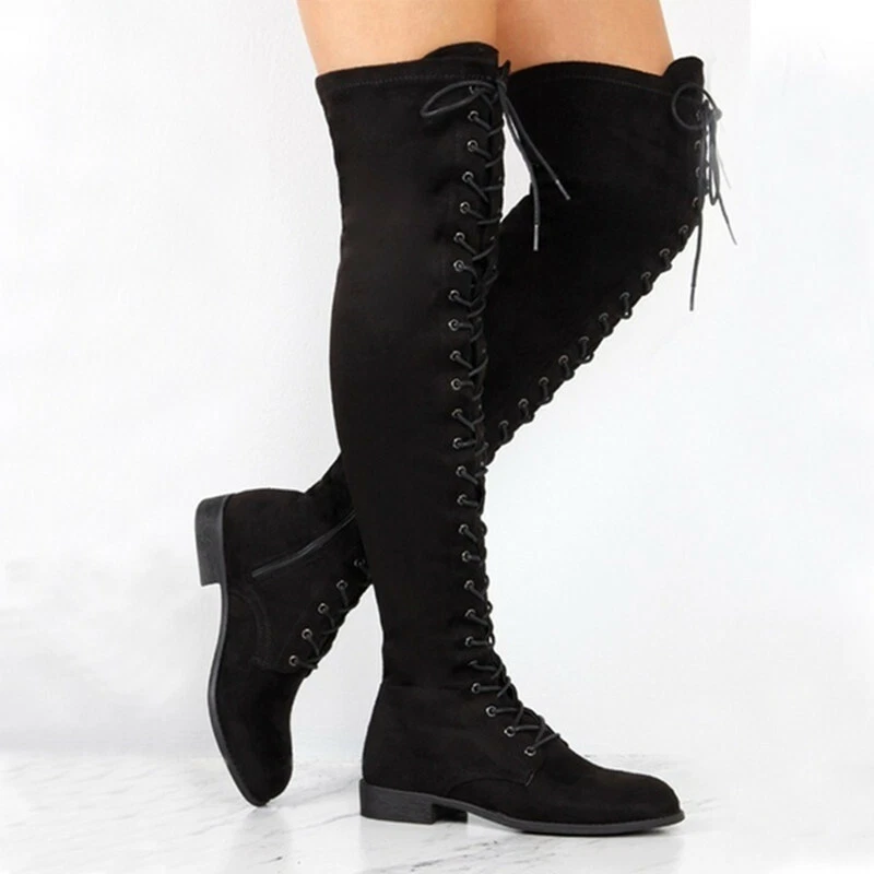 Thigh high clearance small heel boots