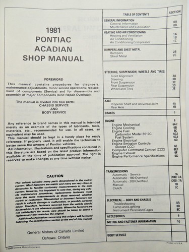 1981 GM Pontiac Acadian Shop Service Repair Manual - Picture 2 of 4