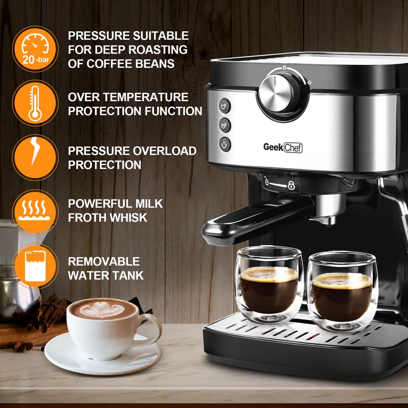 1300W Espresso Machine 15 Bar Coffee Machine w/ Foaming Milk Frother Wand 900ml