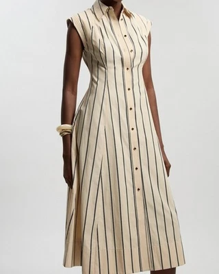 Karen Millen Petite Mono Stripe Cotton Top Stitch Woven Midi Shirt Dress - Image 1 of 3