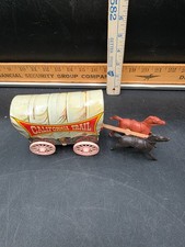 Vintage Chisholm California Trail Tin Lith Covered Wagon w Pink Wheels  Horses