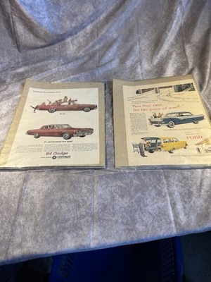 Vintage 1955 Ford & 1964 Dodge Magazine Print Ads Framed Set of 2