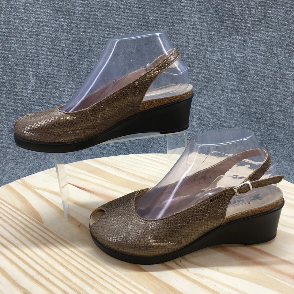 Mephisto Sandals Womens 38 Slingback Beige Leather Peep Toe Slip On Wedge Heels - Image 2 of 4