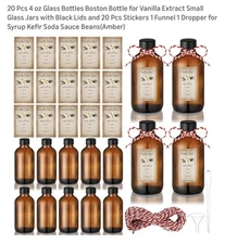 20pcs 4oz Amber Glass Boston Bottles w/ Black Lids Stickers Funnel Dropper