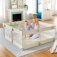 Beige Baby Playpen 47in x 47in x 26in Soft Mesh Safety Fence