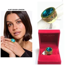 NWT KURT GEIGER LONDON Oval-Cut Gold Tone Turquoise CZ Crystal X-Large Ring-Sz.8