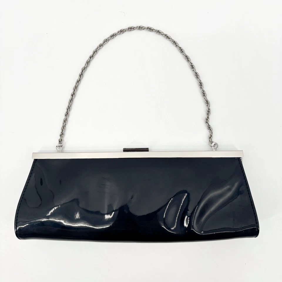 Ann Taylor Loft Black Patent Clutch Shoulder Bag Silver Chain Strap Glossy - Image 3 of 4