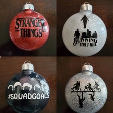 STRANGER THINGS Christmas ORNAMENTS HANDMADE GLITTER SET OF 4 NEW