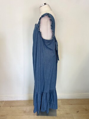 WHISTLES BLUE DENIM SQUARE NECK FRILL TRIM LOW TIE BACK MAXI DRESS SIZE 16  | eBay
