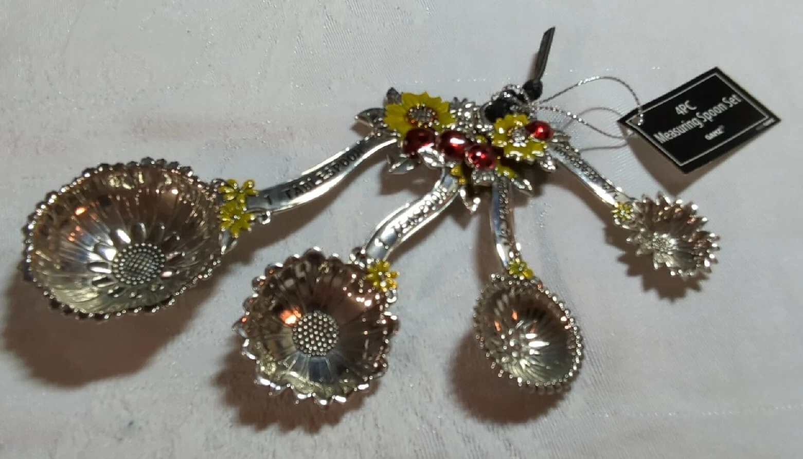 Ganz Set of 4 Measuring Spoons Enameled Sunflowers Ladybugs Flowers Baking GANZ