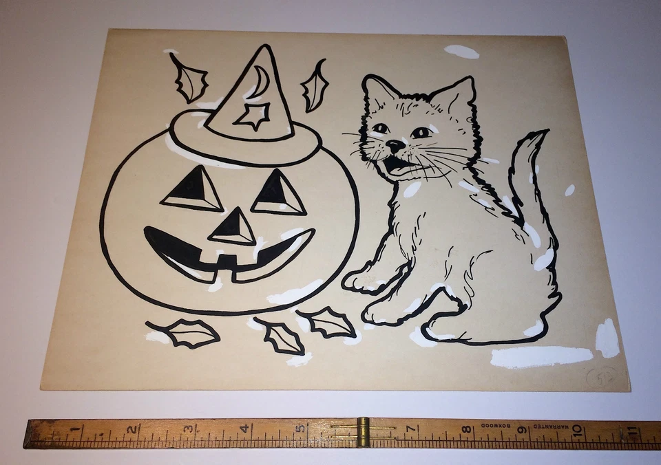 ¡Dibujo vintage de Halloween adorable mascota gato y calabaza por artista infantil! ¡Caída! Foto 2 de 4