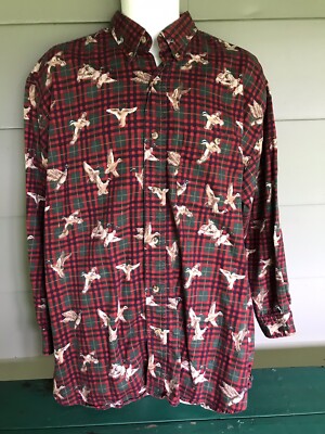 DUCKS UNLIMITED Long Sleeve Shirt Red Green Black Tan Plaid Cotton Mens  Sz L
