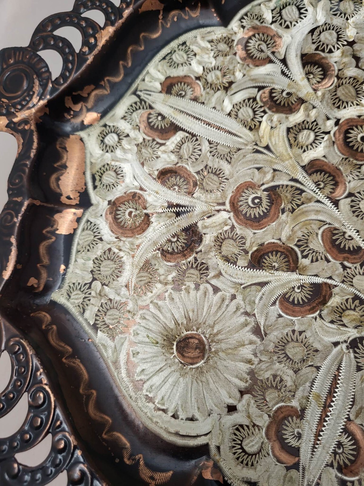 Large 18 3/4 X 12in Etched Flowers Copper Metal Tray / Wall Hanging