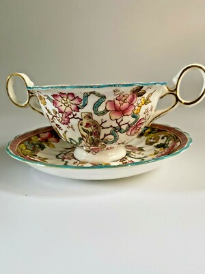  Antique Ovington Bros. porcelain double handled bouillon cup & saucer England
