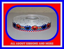 7/8" COOKIE MONSTER AND ELMO ON COLORFUL DOT GROSGRAIN RIBBON- 1 YARD