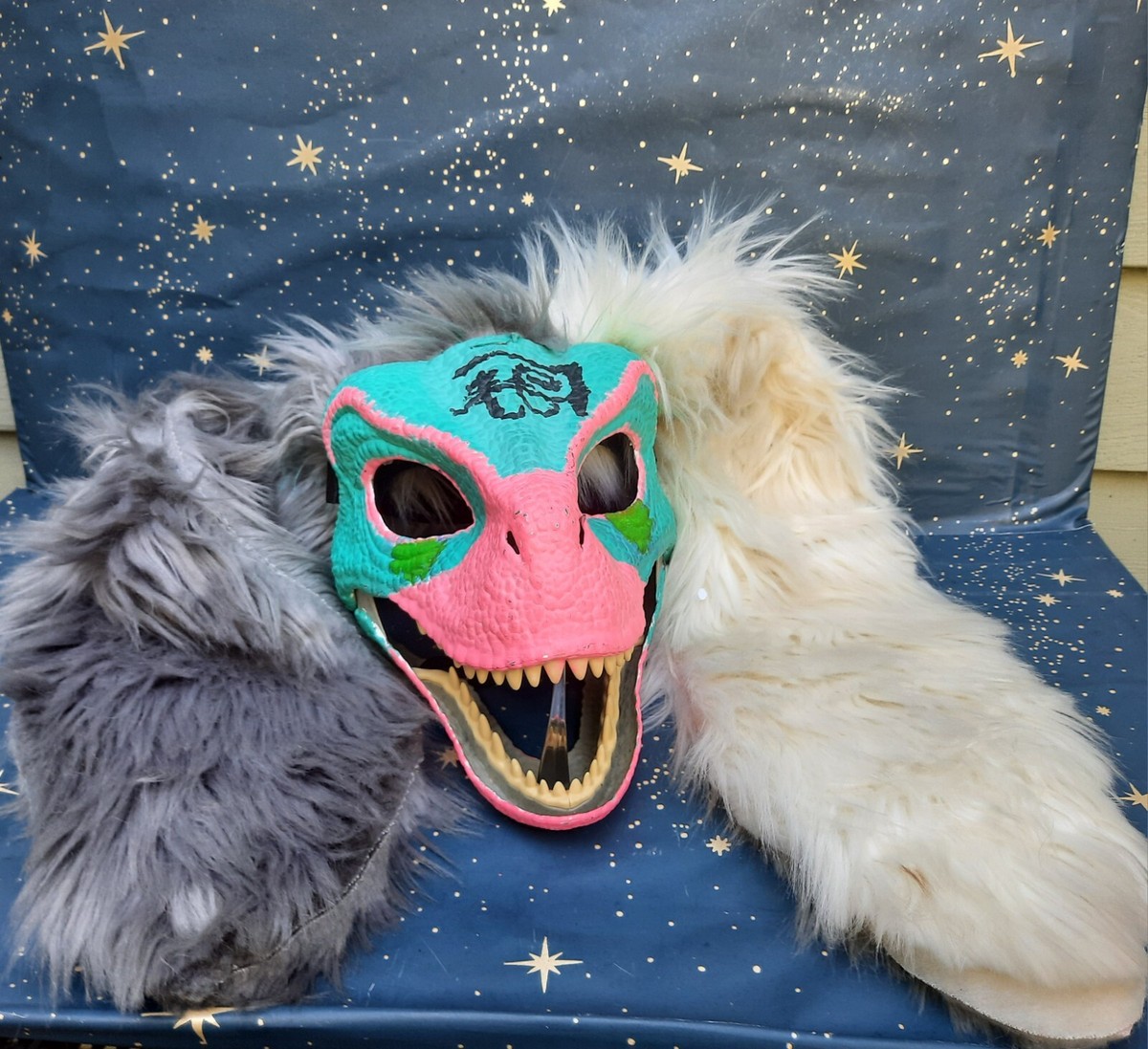 Handmade Furry Dino Mask Blue Pink Yellow Green with Teeth &amp; Long 
