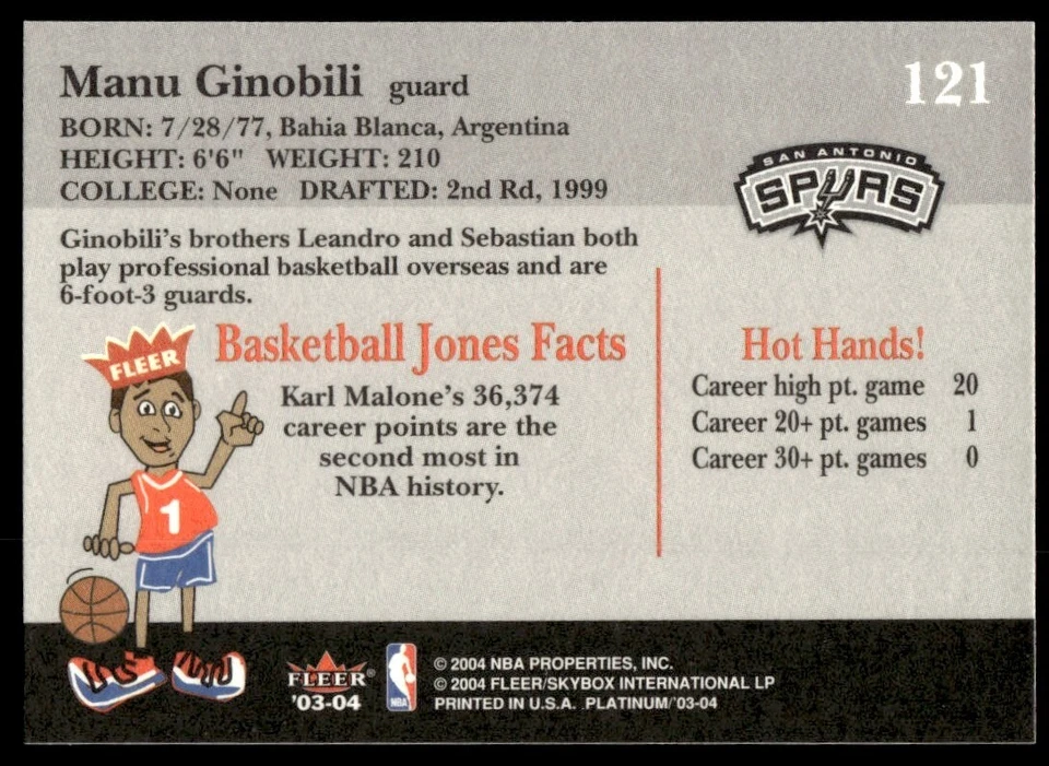 2003-04 Fleer Platinum Manu Ginobili San Antonio Spurs #121 - Image 2 of 2