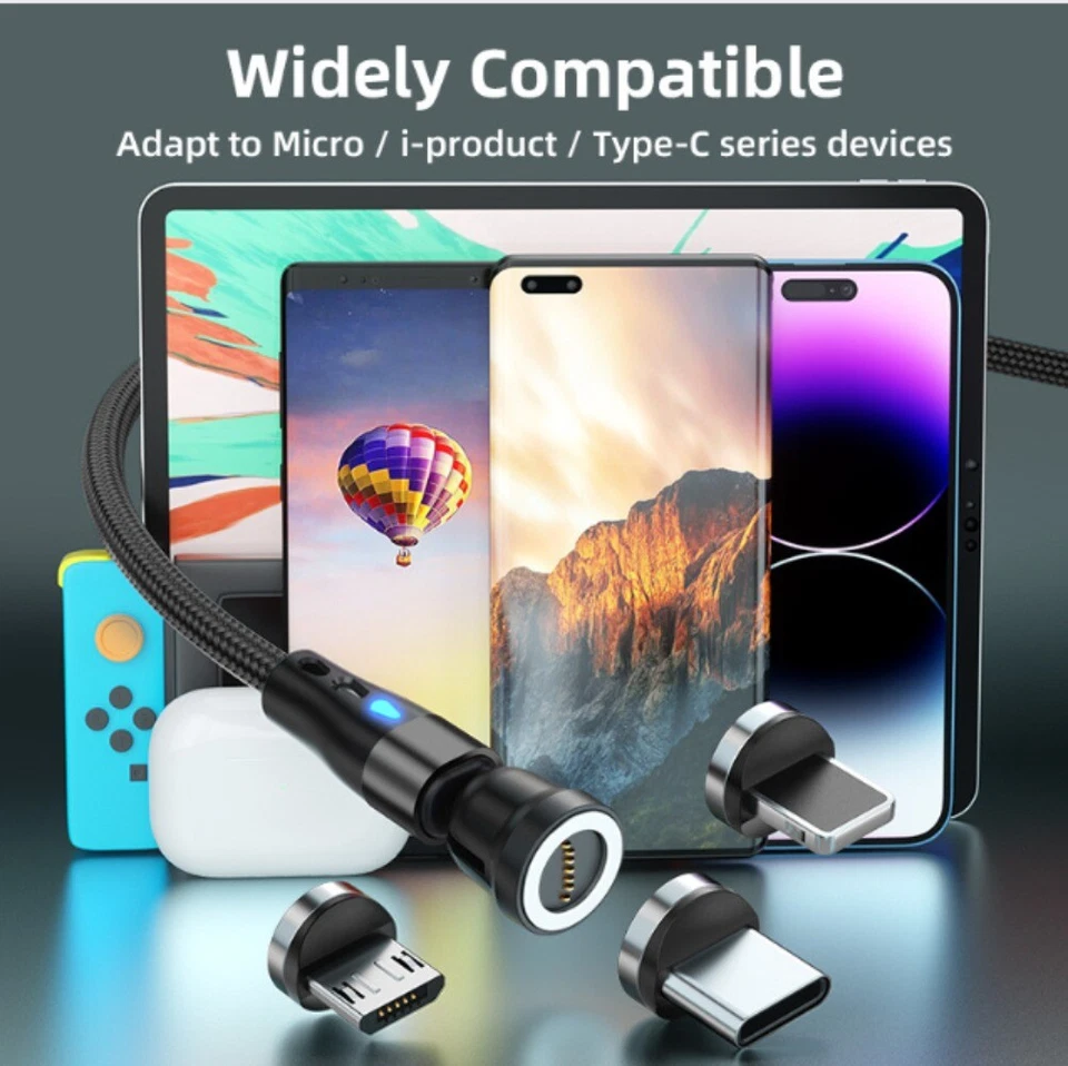 180+360° Rotate Magnetic Phone Cable Micro USB Type C Charger For iPhone Samsung - Image 3 of 4