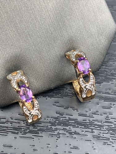 Vintage Quality Gold Plated Amethyst stoneHoop Pierced Earrings Vintage 3/4” - Picture 2 of 11