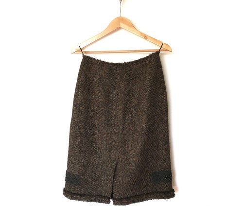 Vintage Prada Tweed Wool Alpaca Embellished Midi Pencil Skirt Size 42 Brown - Picture 6 of 9