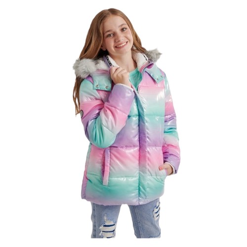 Justice Girl Puffer Jacket Kids Girls Pink Blue Faux Fur Lined Hoodie, Size L