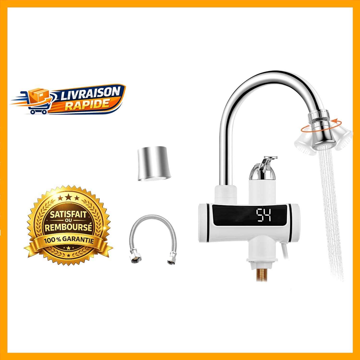 HOGART Robinet Chauffant Électrique 3kW en Acier Inoxydable Argenté pour Cuisine