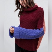 FREE PEOPLE Wine Colorblock Park City Slouchy Waffle Cotton Blend Sweater Small