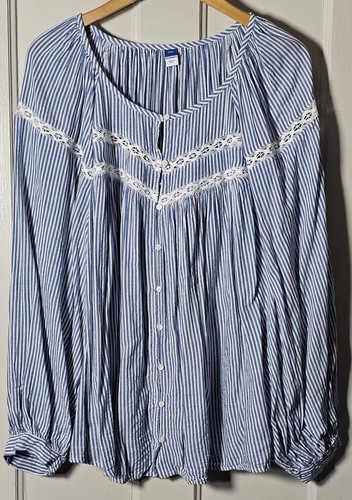 Old Navy Top Plus Size XXL Blue White Stripe Button-Up Lace Peasant Cottagecore - Picture 1 of 24
